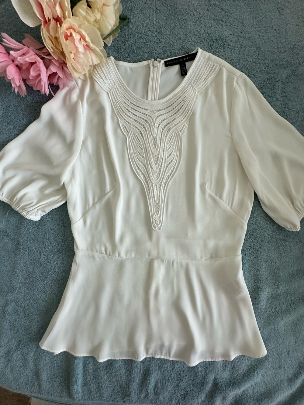 White House Black Market NWOT Cream Embellished Peplum Top
